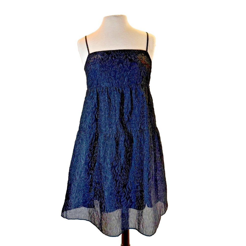 Club Monaco Black Crinkle Sheer Party Cocktail Dress Sz 6 Baby Doll Flare